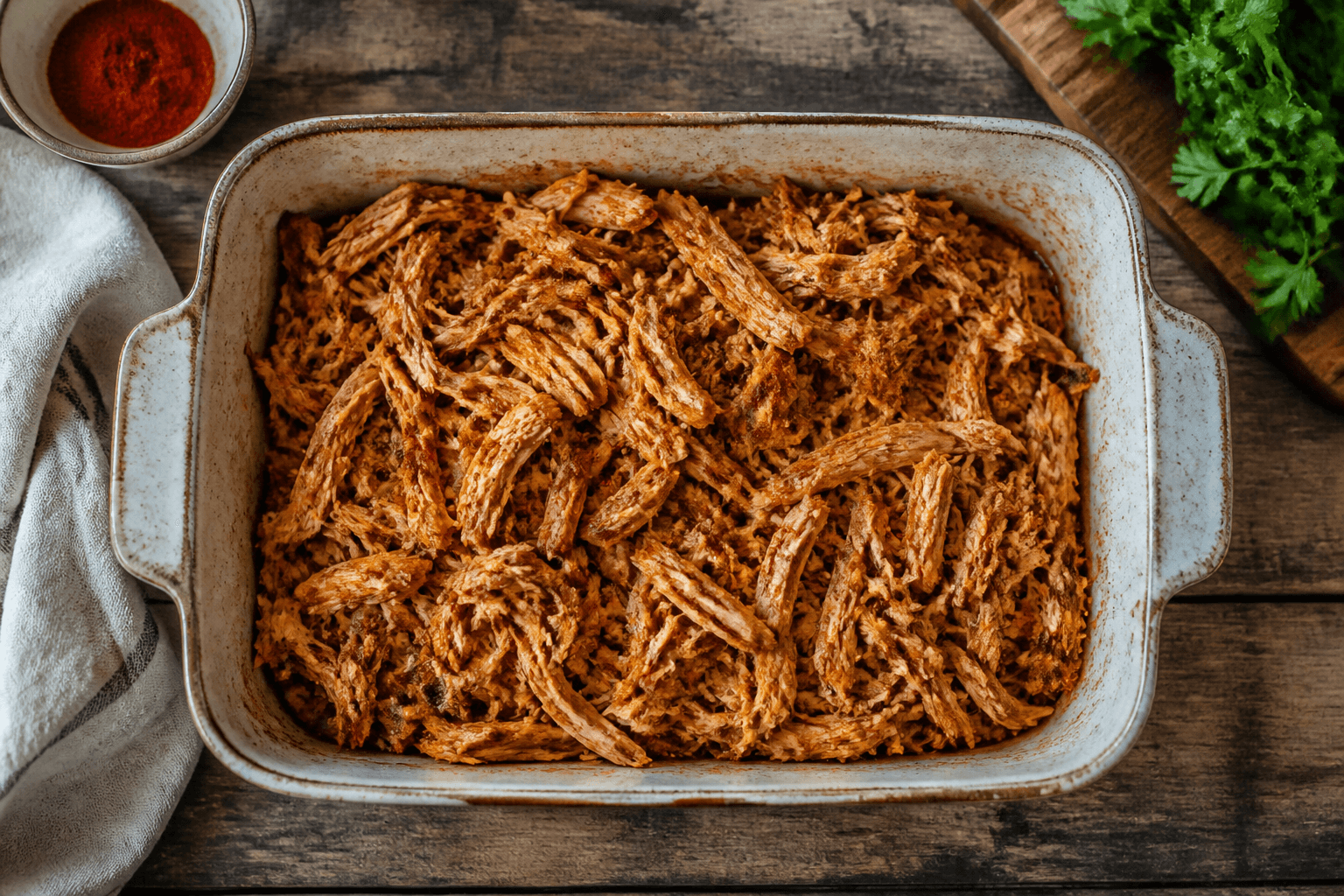 Ovn-røget pulled chicken med paprika og liquid smoke