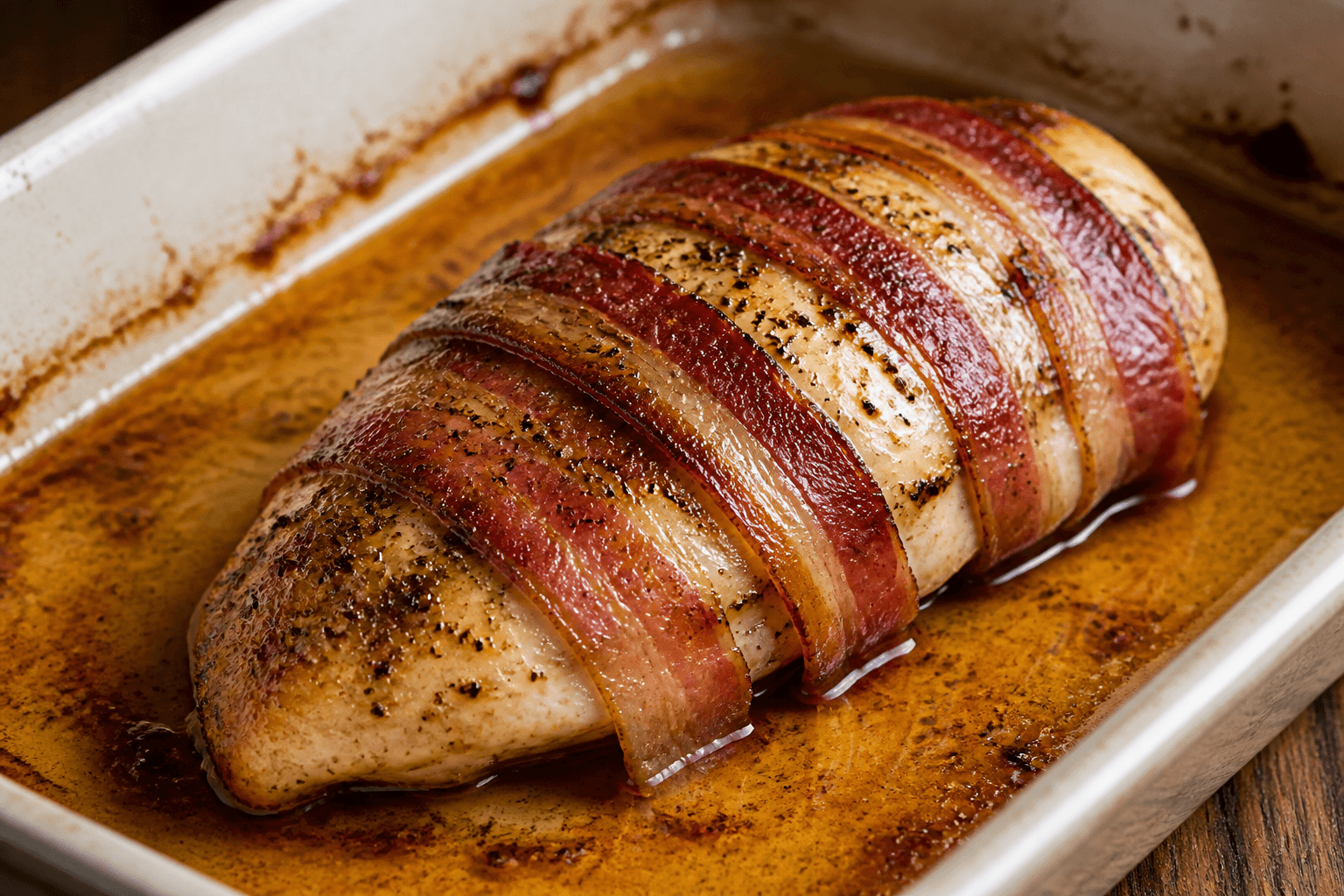 Ovnstegt kyllingebryst svøbt i bacon i fad