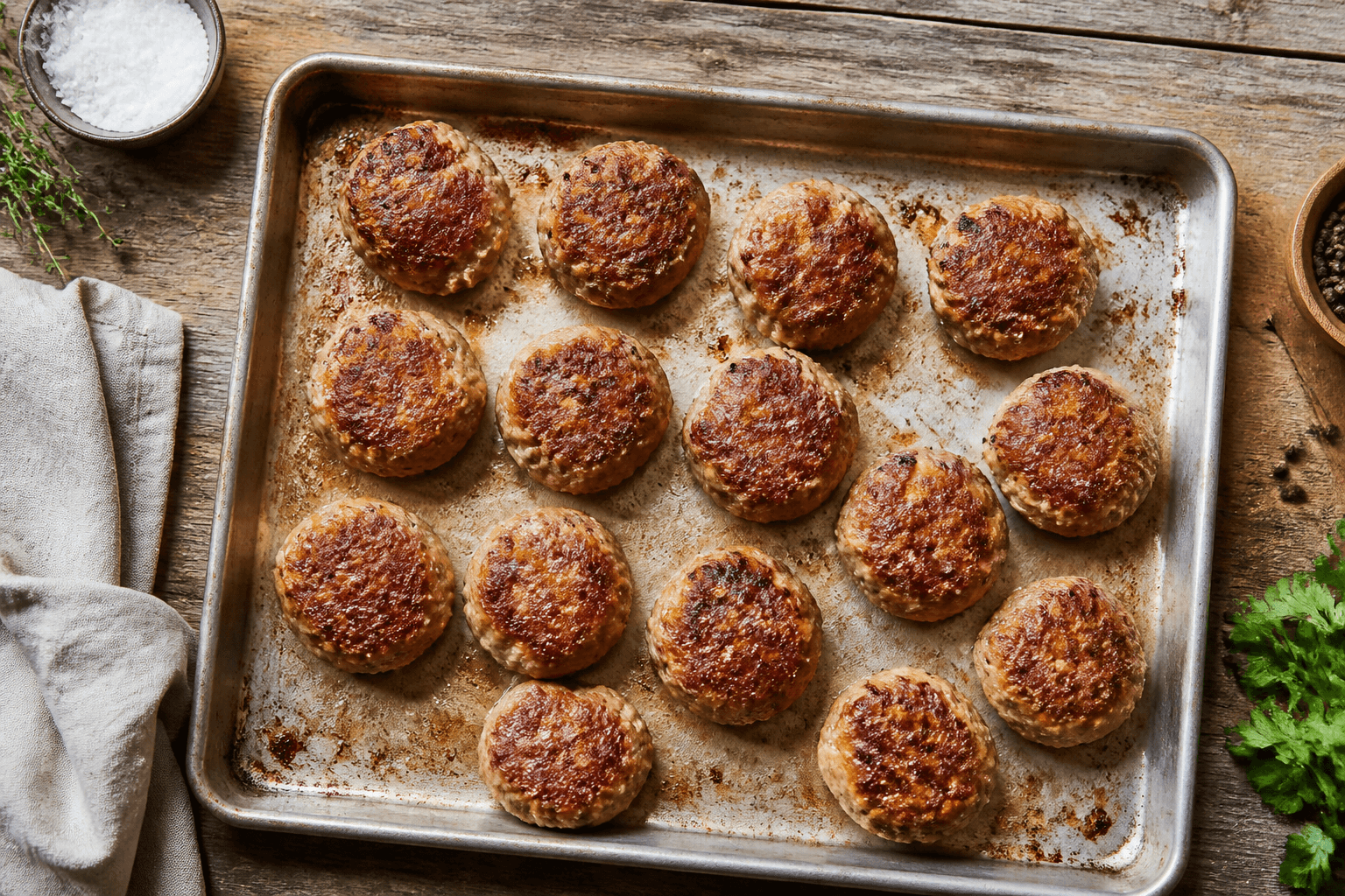 Ovnstegte frikadeller på bageplade, gyldne