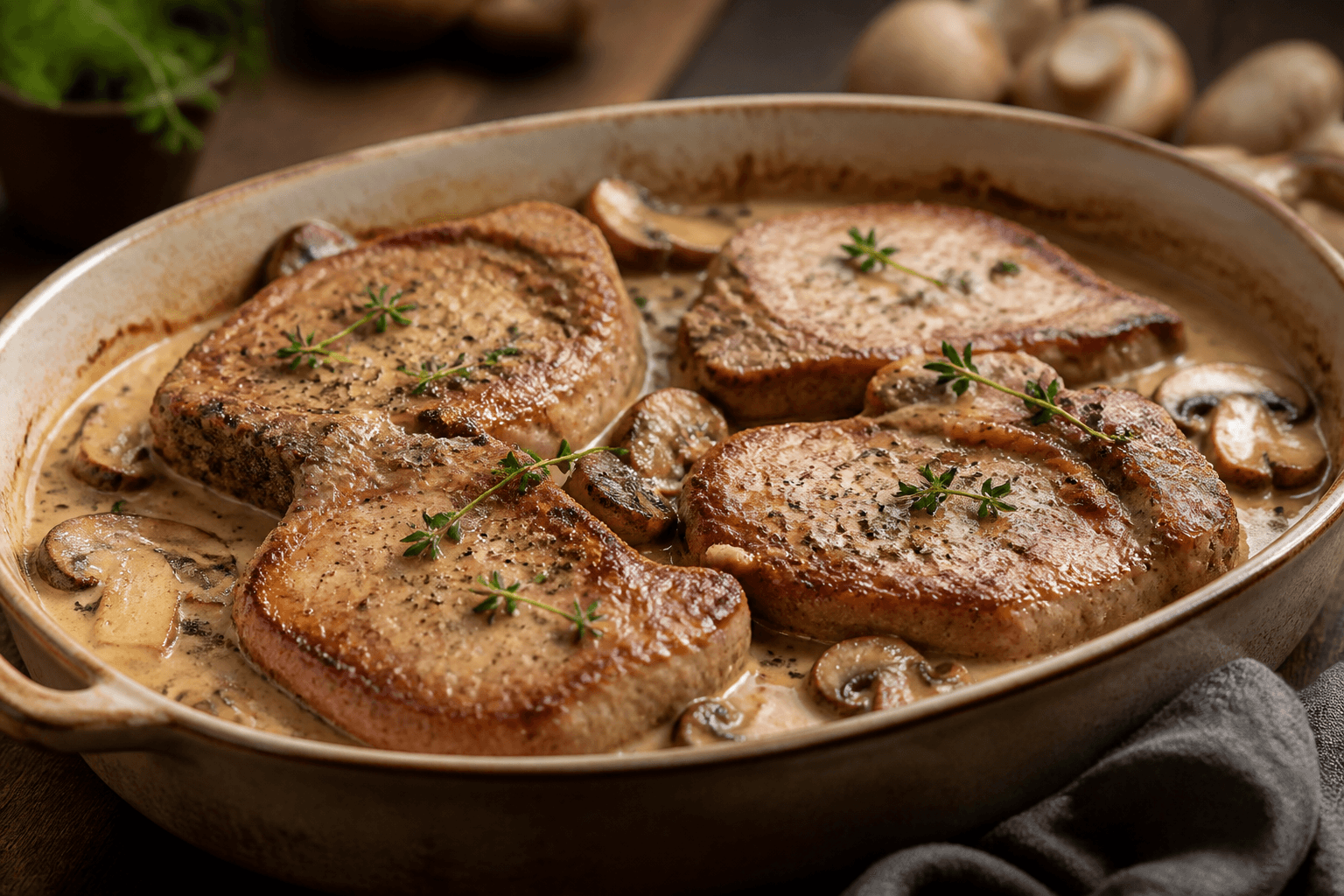 Svinekoteletter i fad med champignonsauce