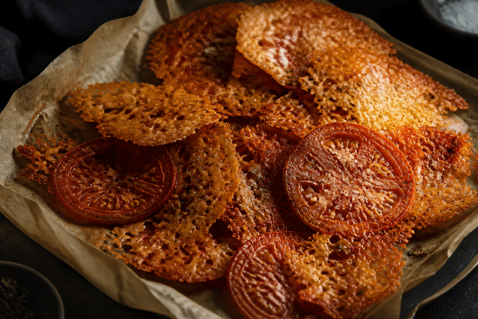 Sprøde parmesanflager med tørret tomat