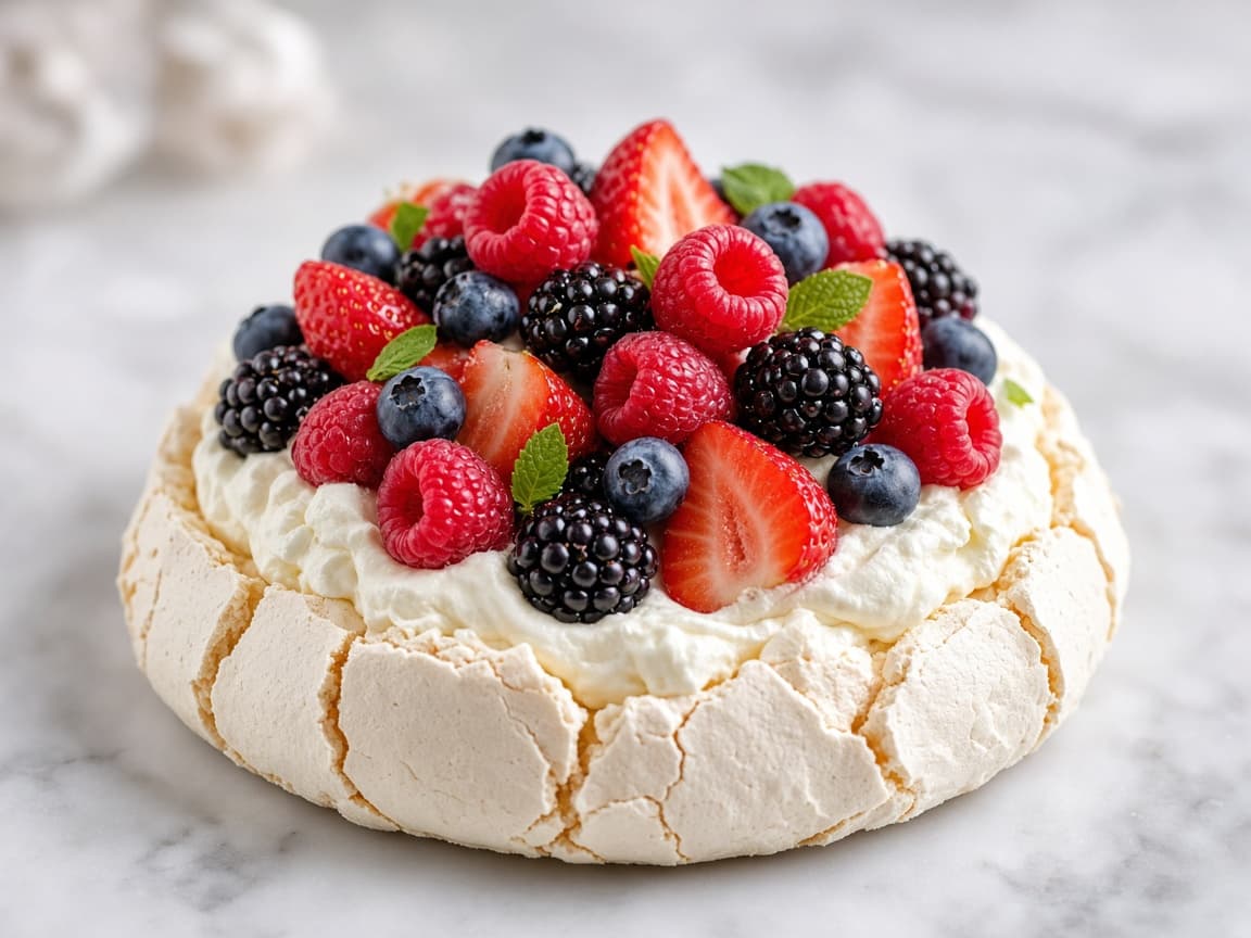 Pavlova med flødeskum og røde bær