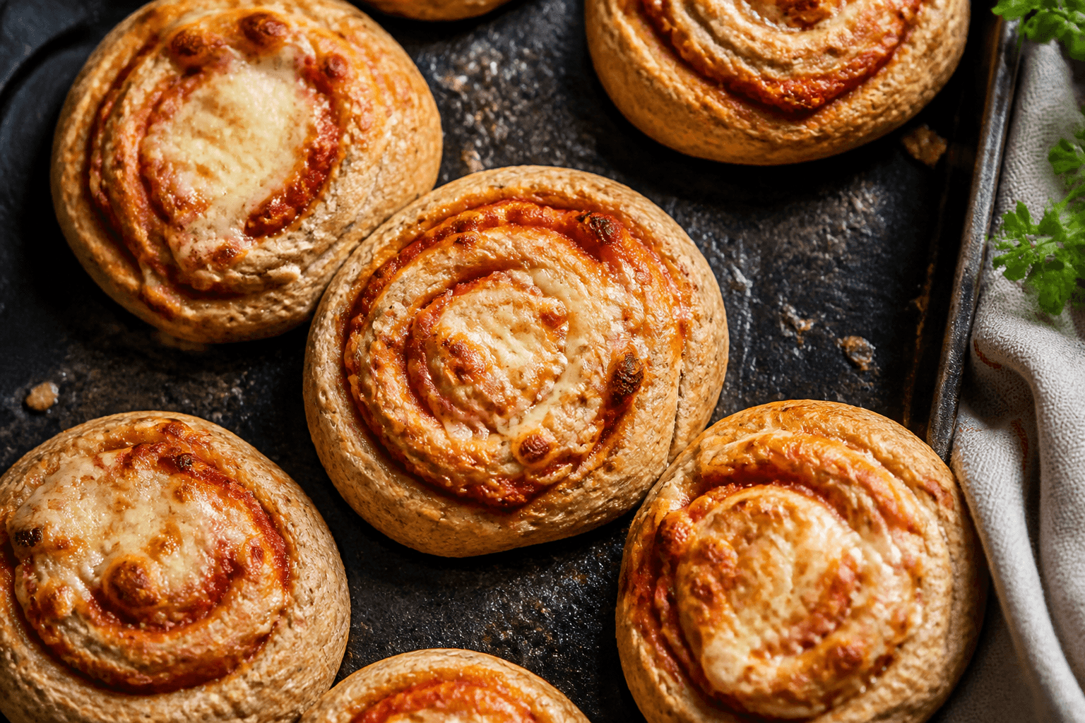 Gyldne fuldkorns-pizzasnegle med hytteost på bageplade
