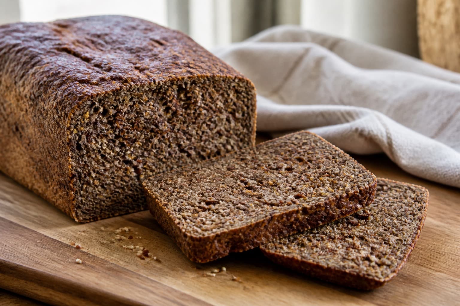 Rugbrød med kogt quinoa synlig i krummen