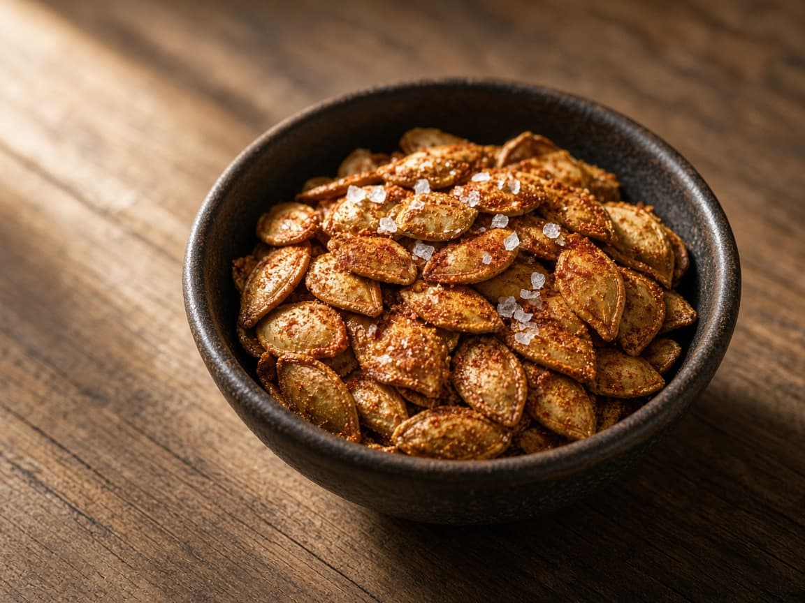Ristede græskarkerner med røget paprika og flagesalt i skål