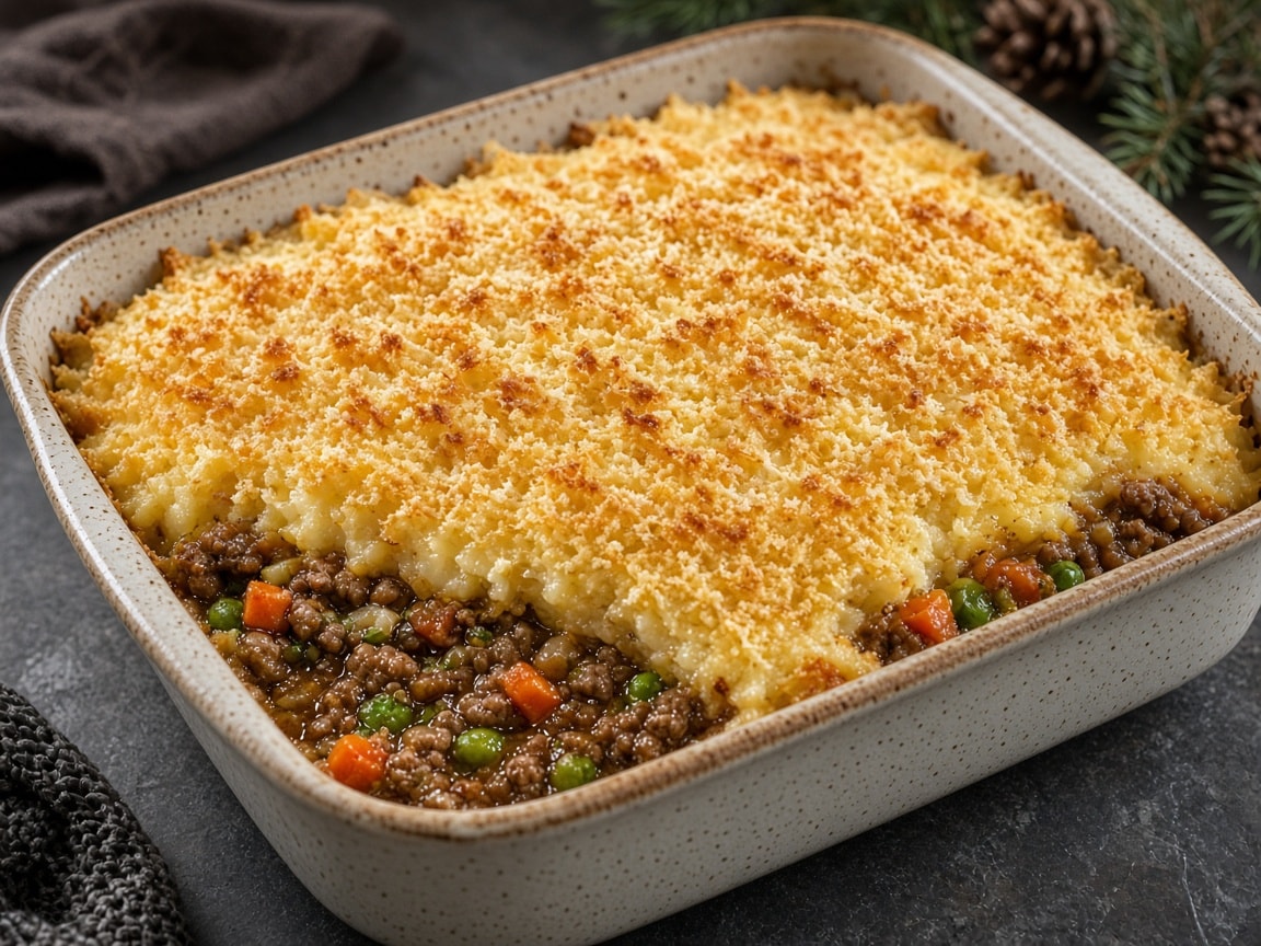 Shepherd's pie med gyldent kartoffelmos-låg i ovnfast fad