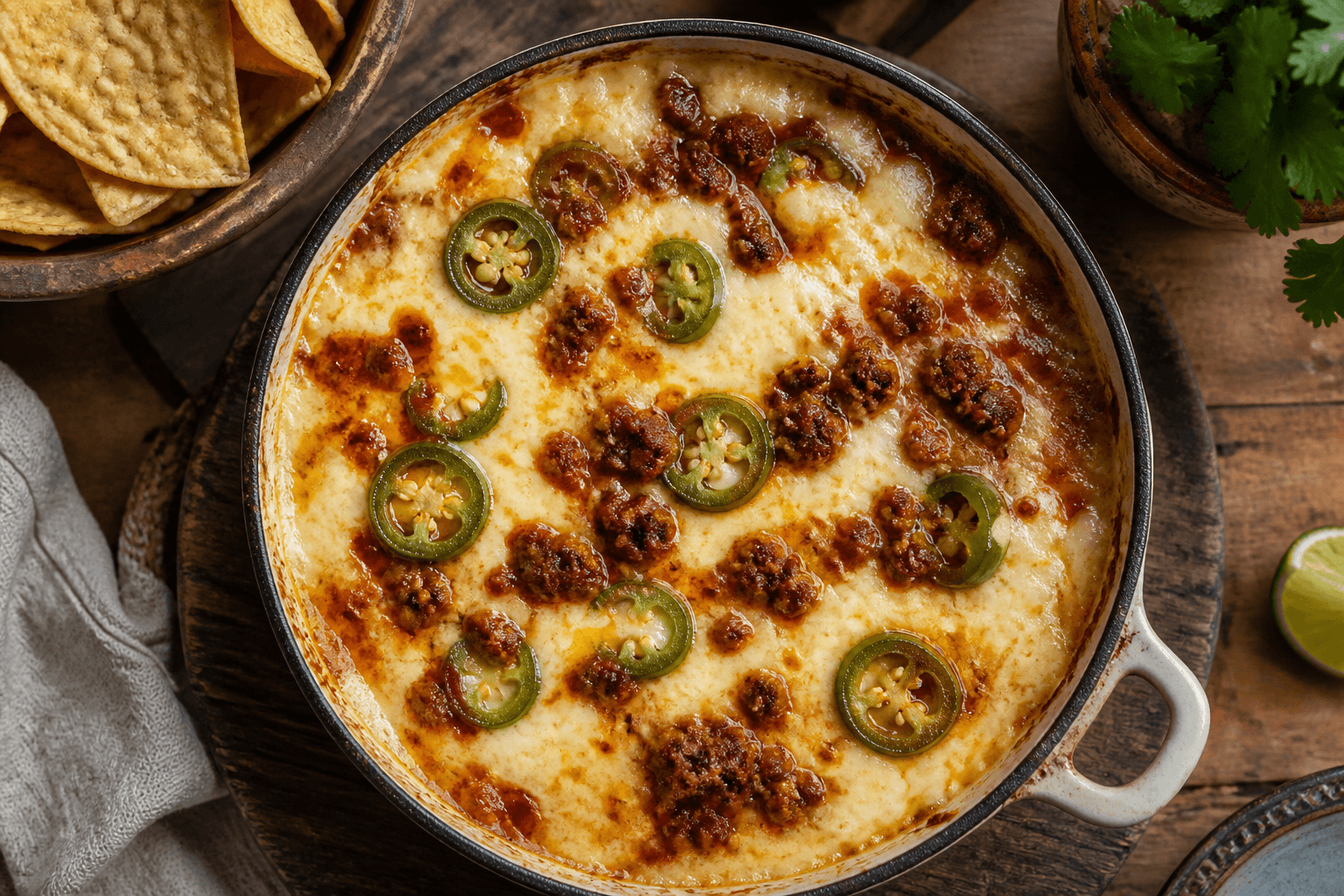 Boblende queso fundido med chorizo og jalapeño