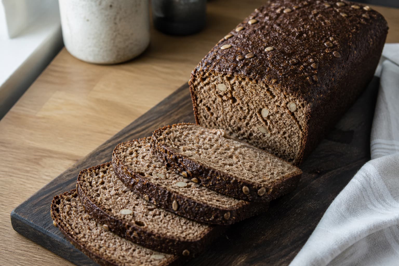 Skivet skyr-rugbrød med tæt, lys krumme