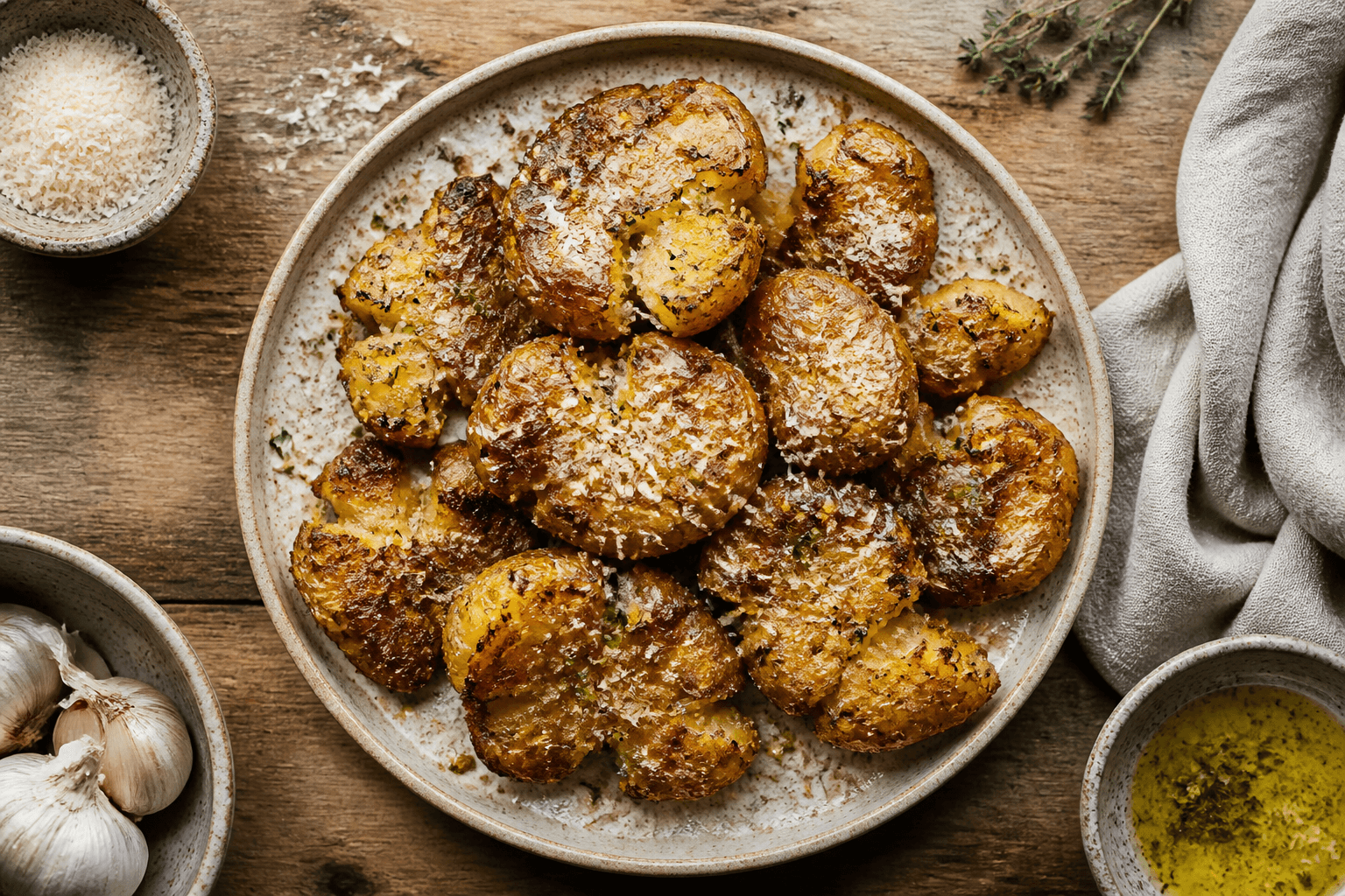 Sprøde smash-kartofler med parmesan og hvidløg