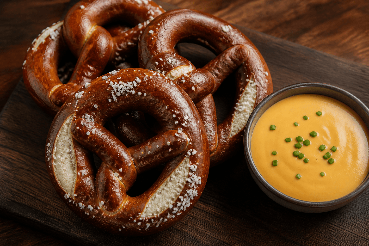 Bløde pretzels med groft salt og ostedip