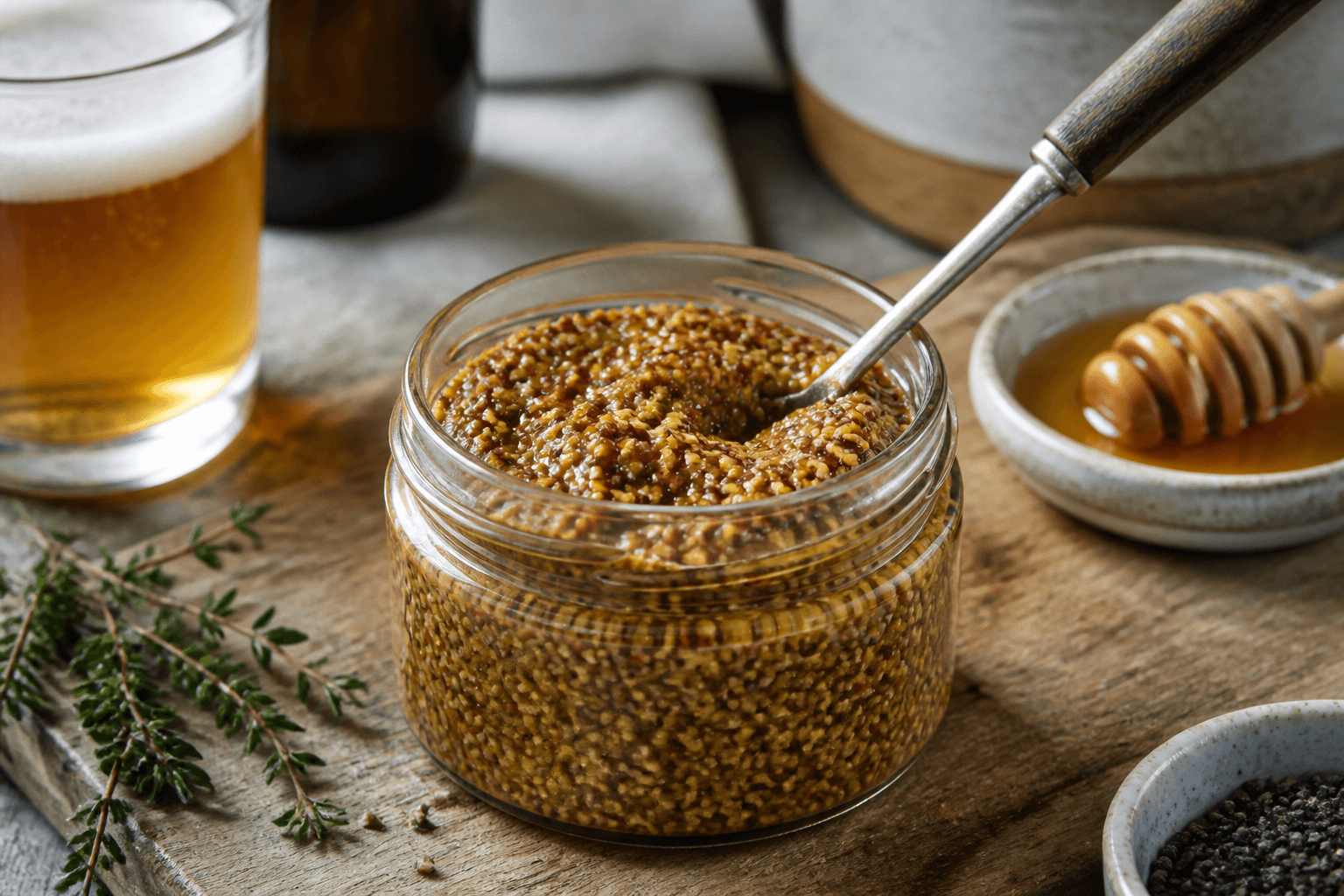 Glas med hjemmelavet grov sennep