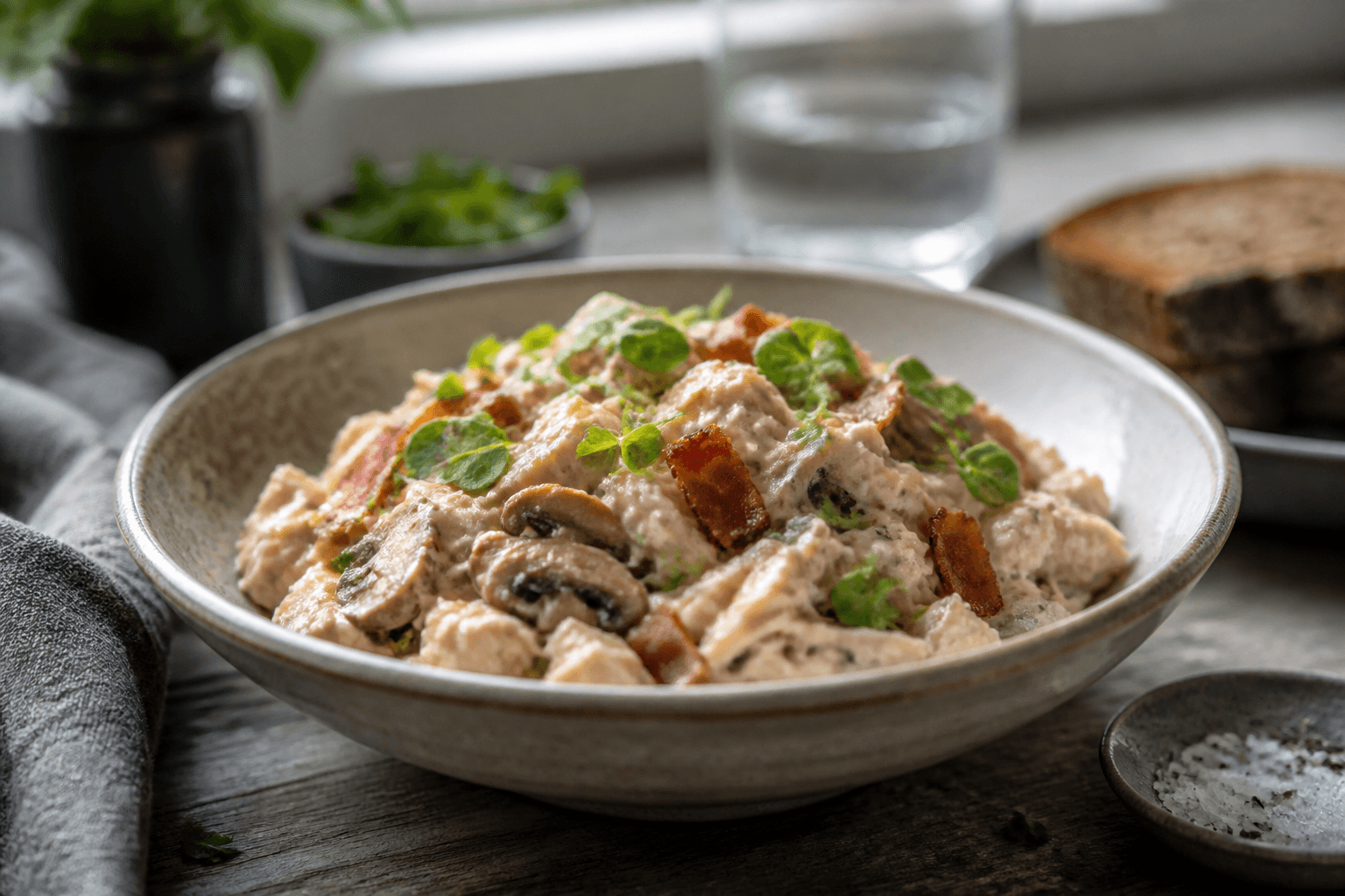 Skål med cremet hønsesalat med bacon og svampe