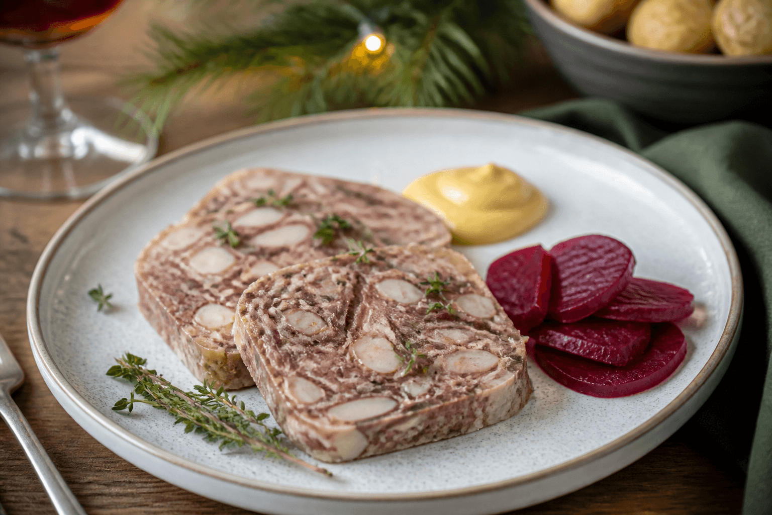 Julefrokost-tallerken med sild, pålæg og rødbeder