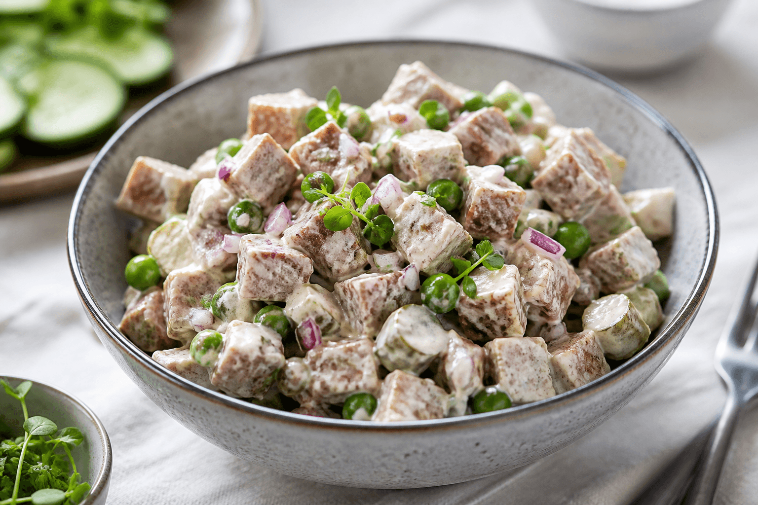 Skål med karbonadesalat af kolde frikadeller