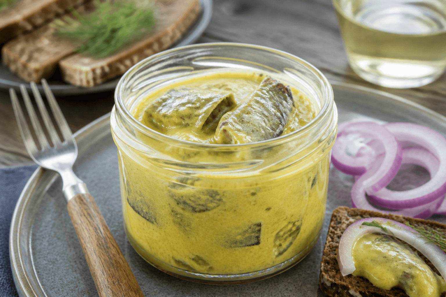 Karrysild i glas med gul dressing