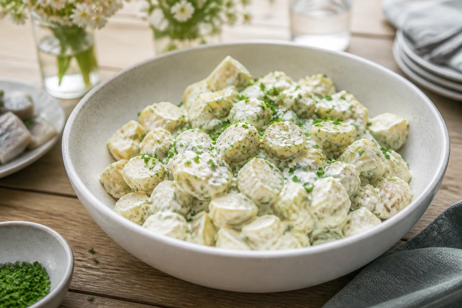 Kartoffelsalat med purløg i skål