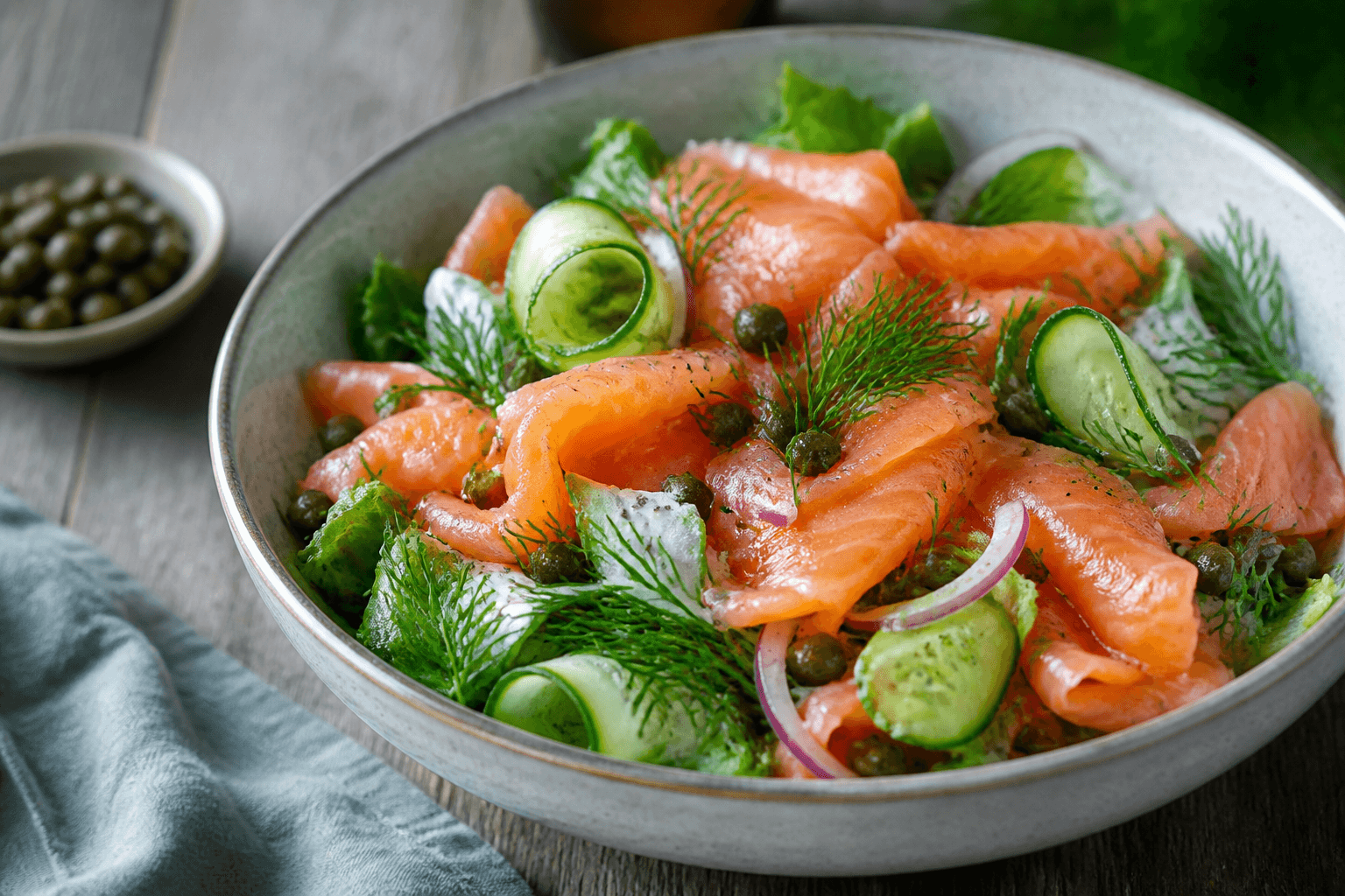 Laksesalat med dild og kapers i skål