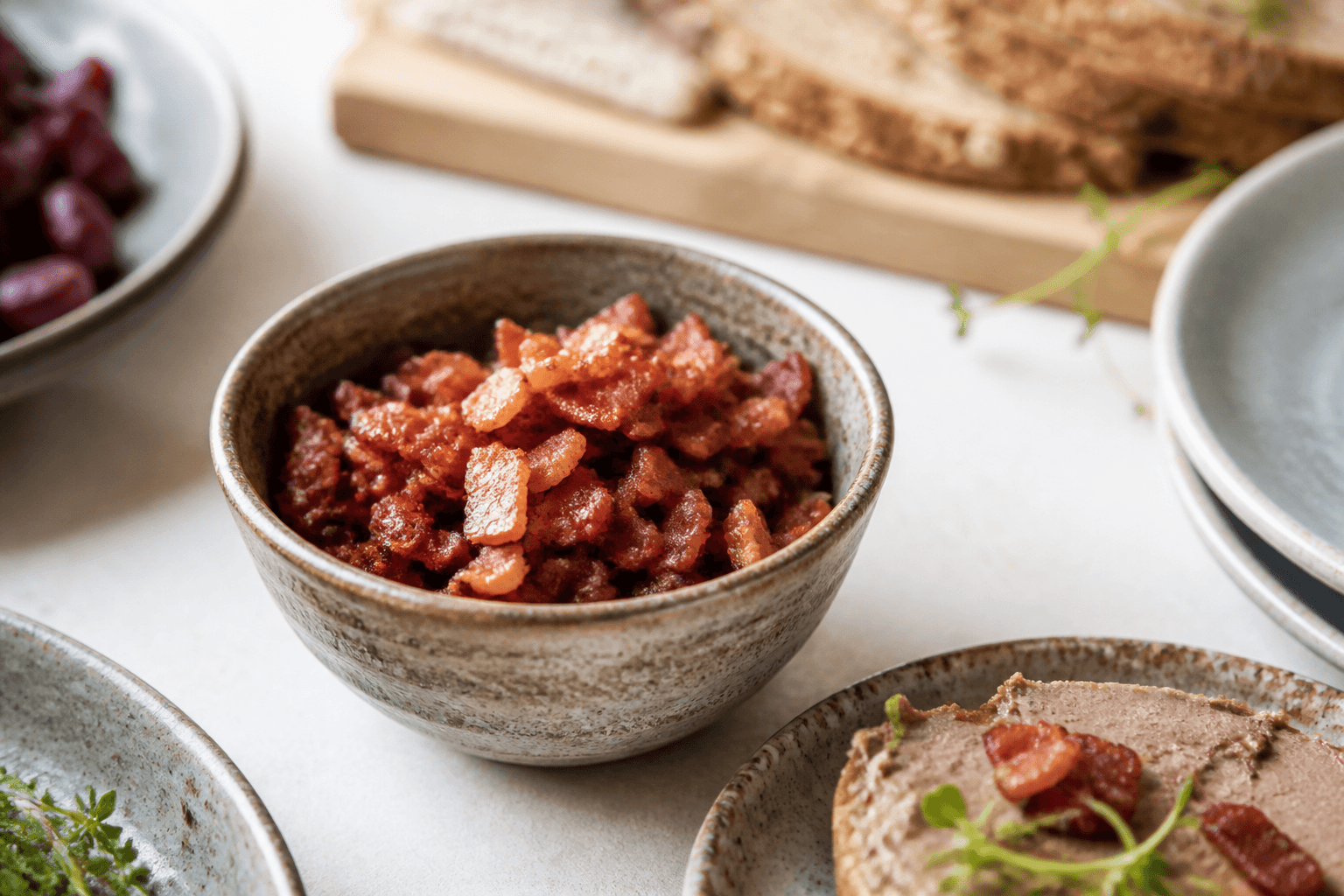 Sprødt baconknas i skål til leverpostej