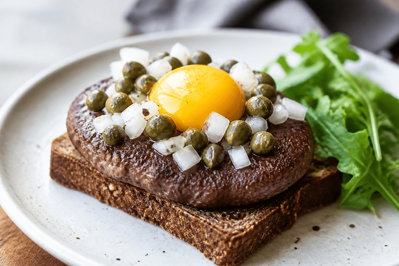 Pariserbøf på rugbrød med kapers, løg og æggeblomme