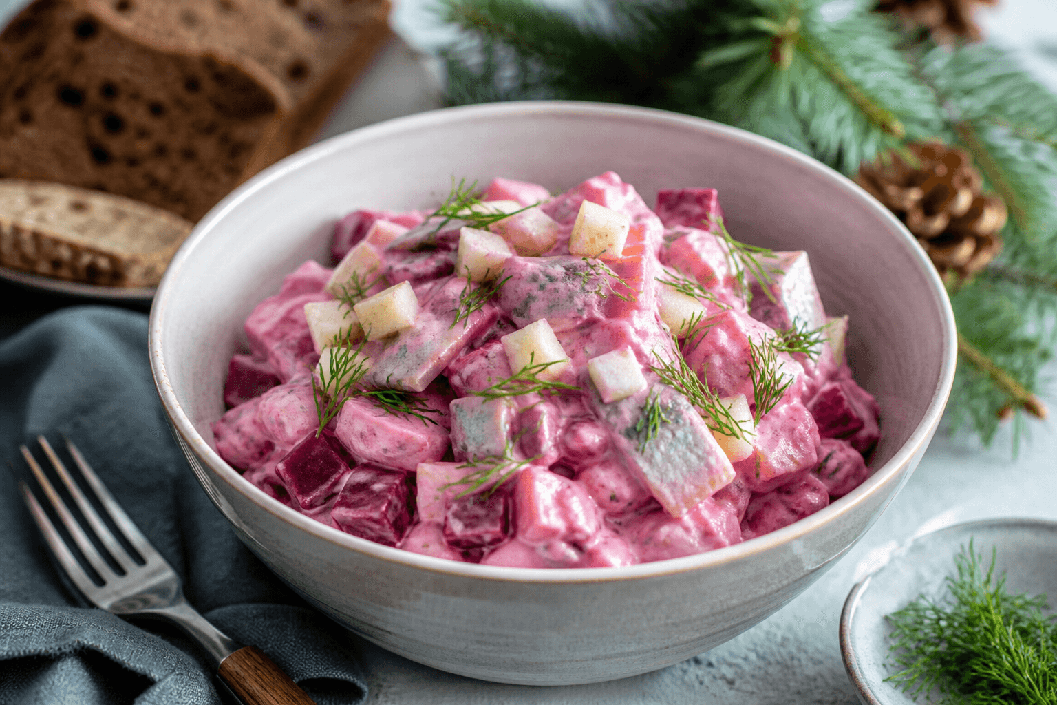 Rød cremet sildesalat med æble og rødbeder