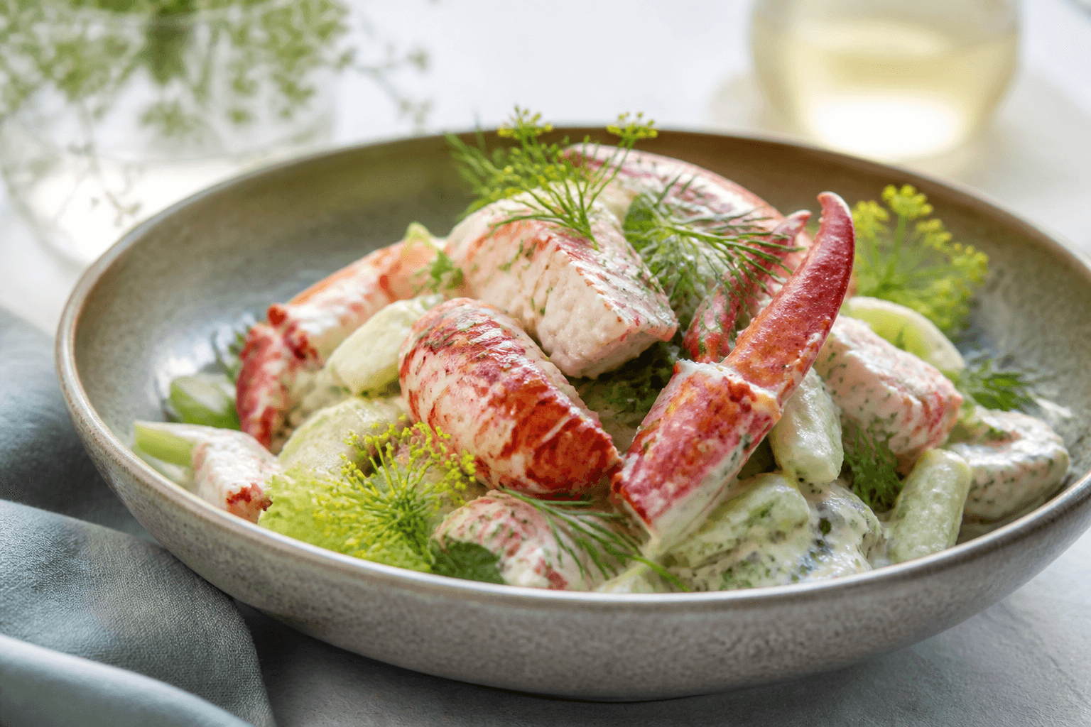 Skål med luksus skaldyrssalat med hummer og krebs