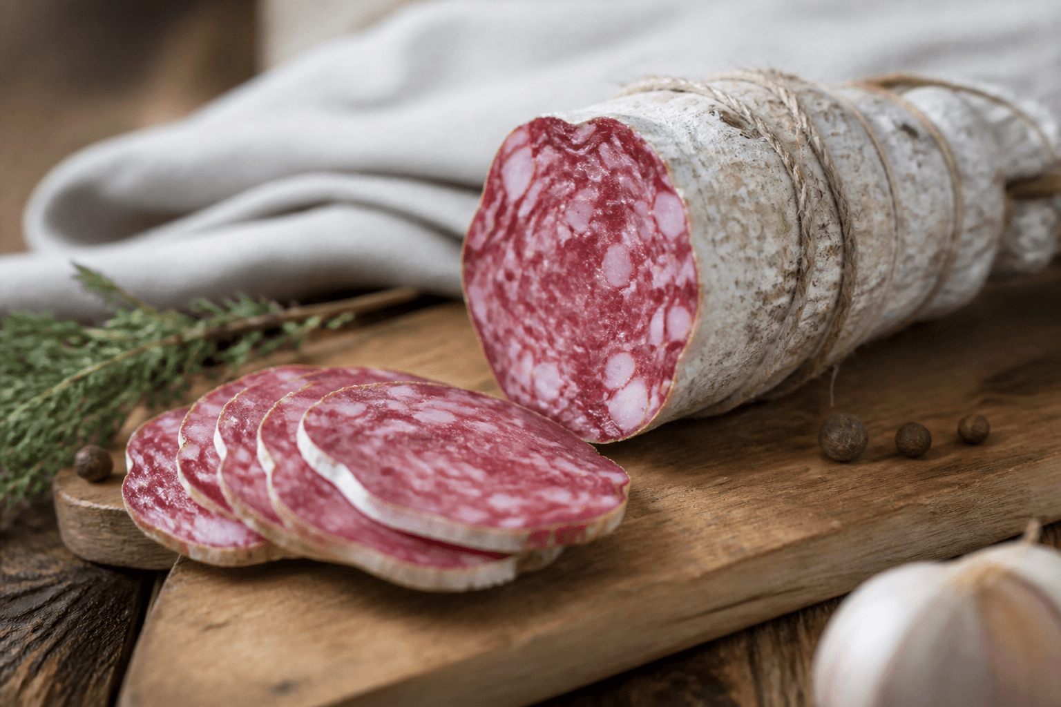 Skiver af hjemmelavet spegepølse på bræt