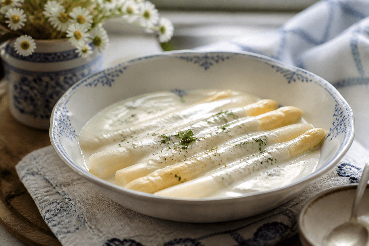 Stuvede hvide asparges i lys sauce