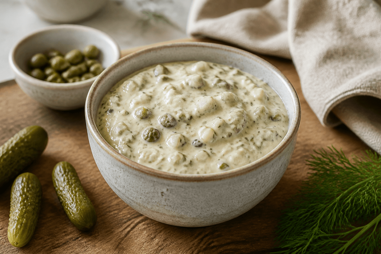 Skål med hjemmelavet tatarsauce med kapers og cornichoner