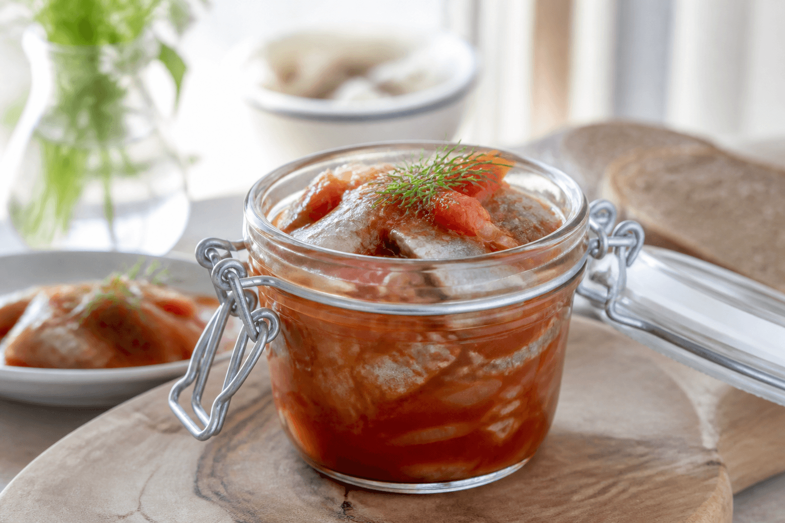 Glas med tomatsild i rød lage