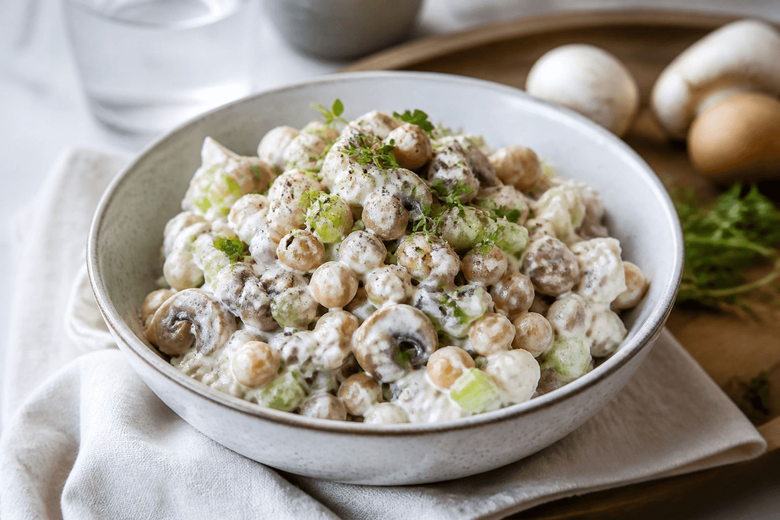 Vegetarisk hønsesalat med kikærter og svampe