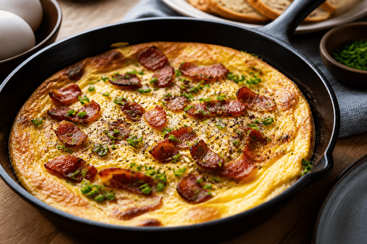 Æggekage på pande med bacon og purløg