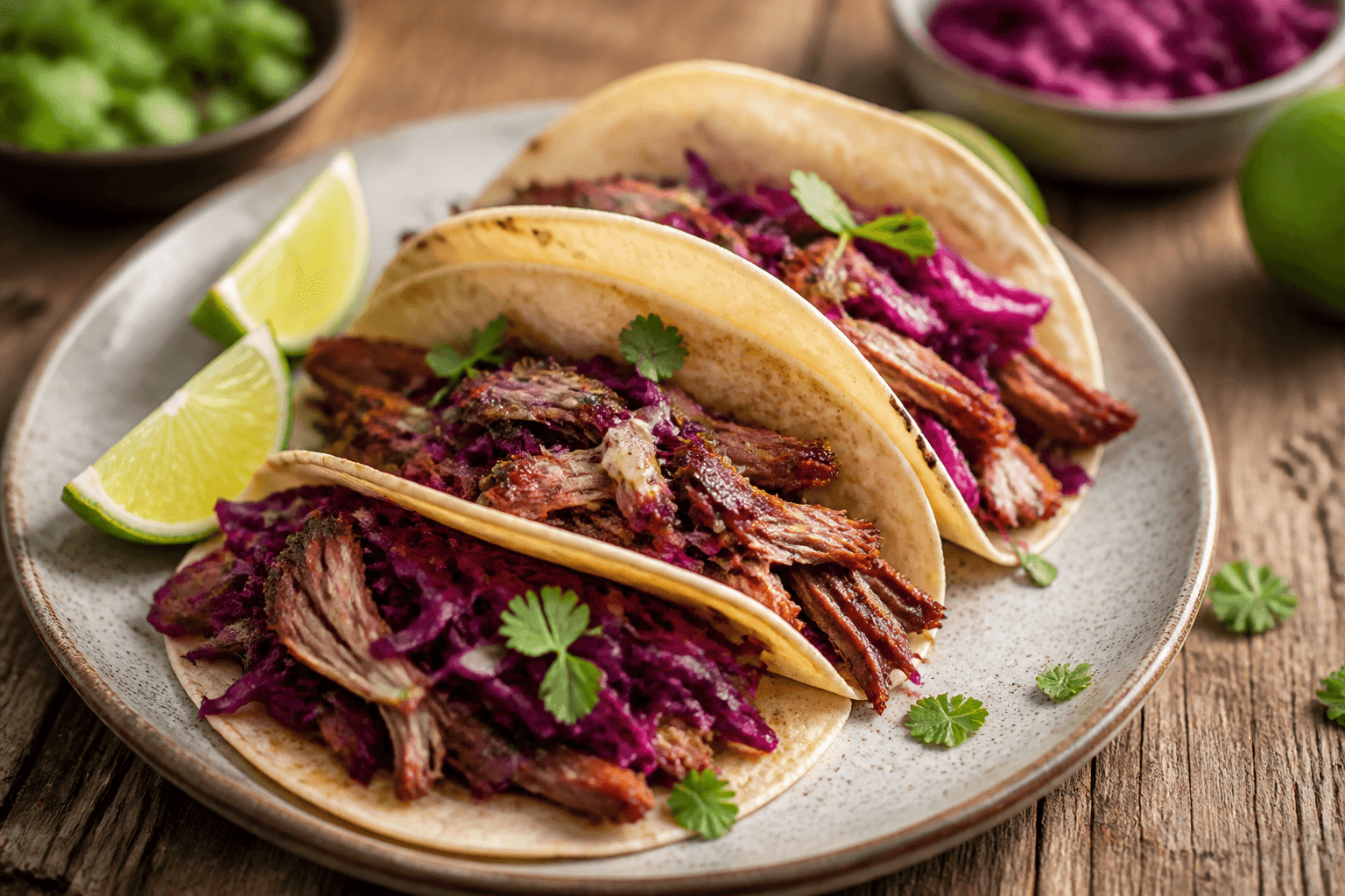 Ande-tacos med rødkål og lime