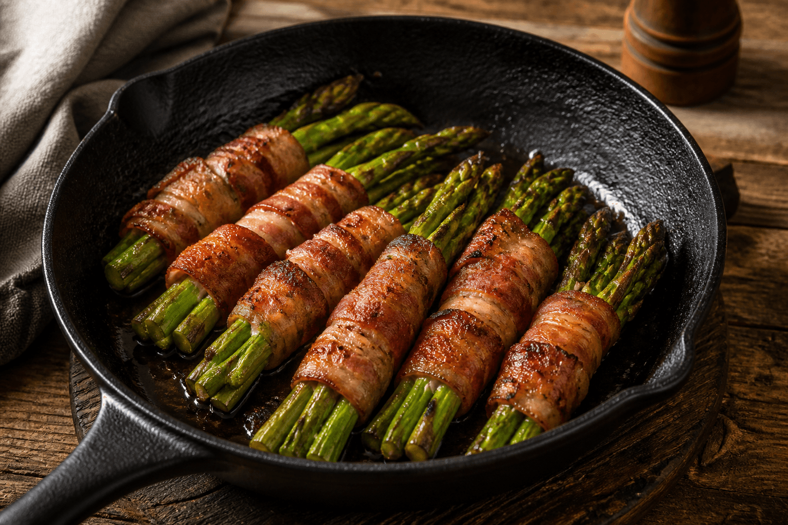 Baconsvøbte asparges pandestegt med sprød bacon