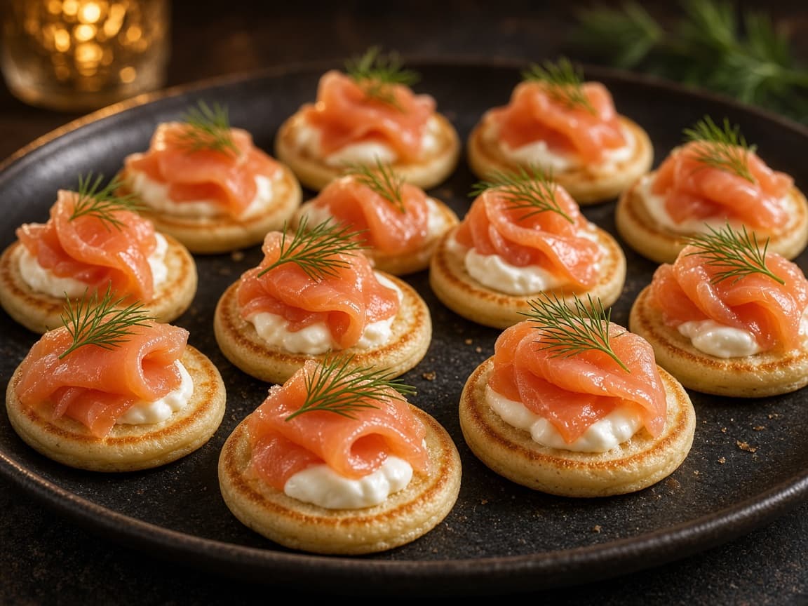 Blinis med røget laks, creme fraiche og dild