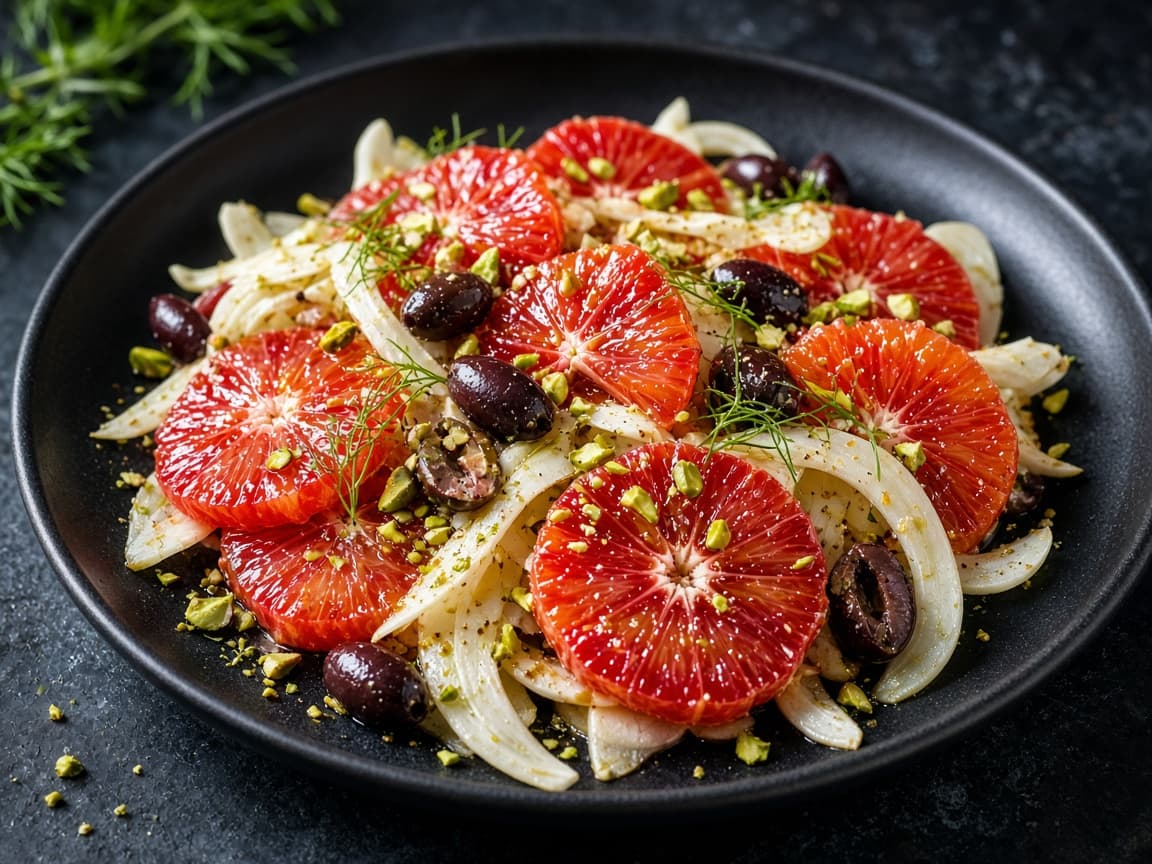 Salat med blodappelsin, fennikel og pistacie