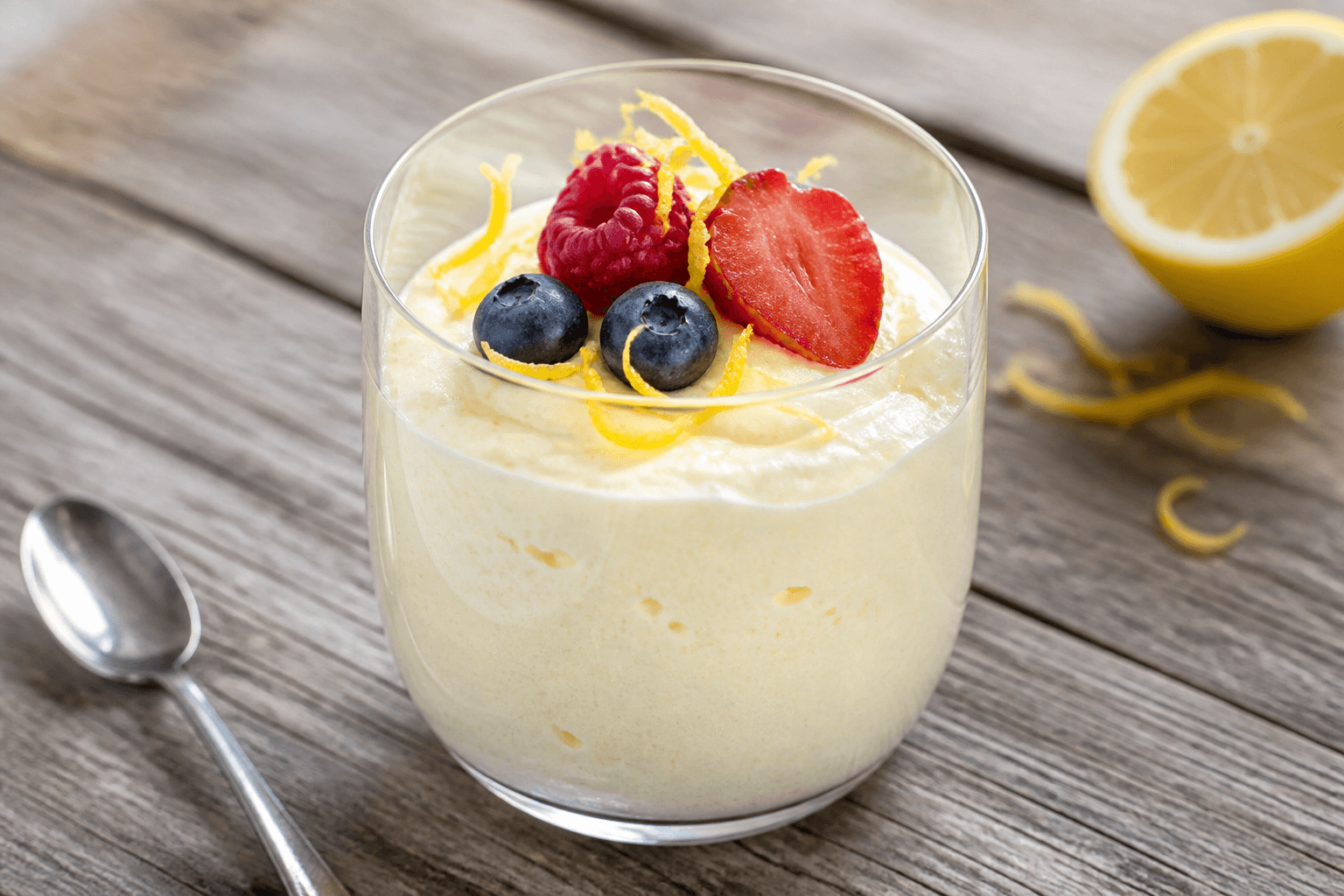 Luftig citronfromage i glas med citronskal