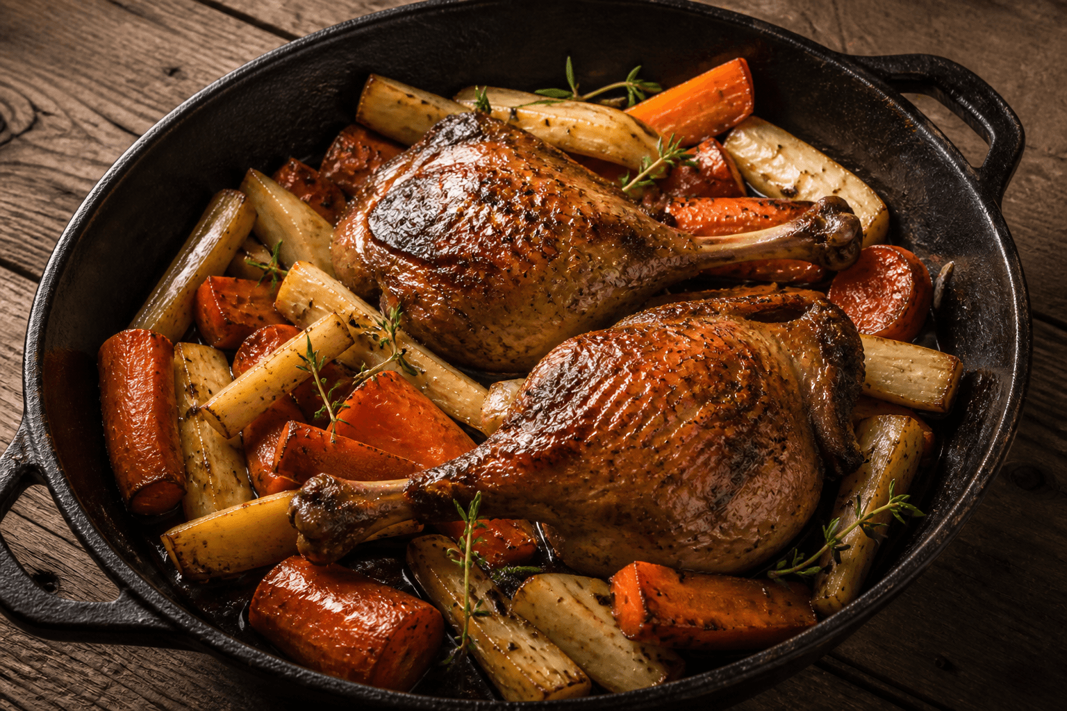 Confit-andelår med rodfrugter i pande