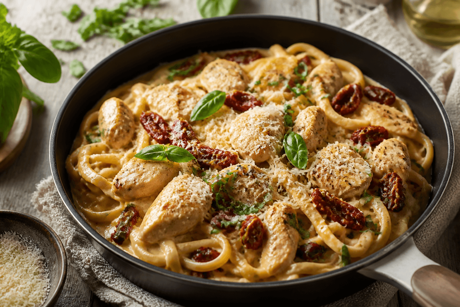 Cremet pasta med kylling og soltørrede tomater på pande