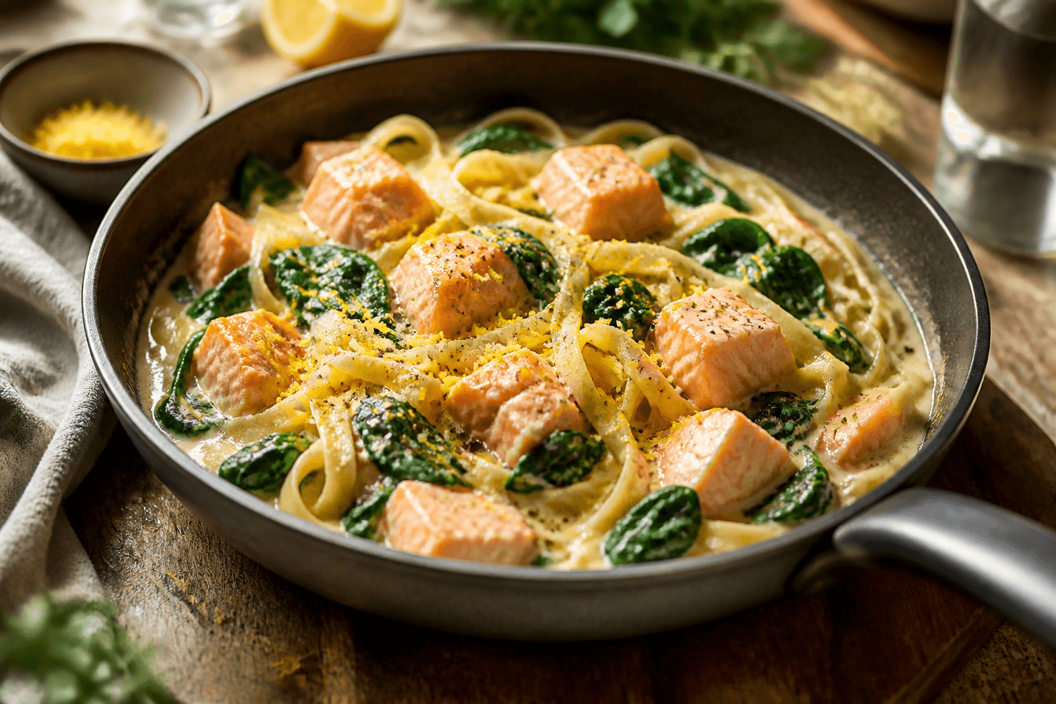 Cremet pasta med laks og spinat i pande