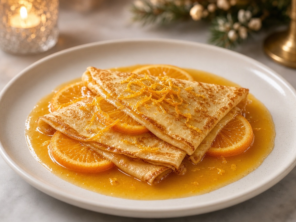 Tynde pandekager i skinnende appelsinsauce med appelsinskiver