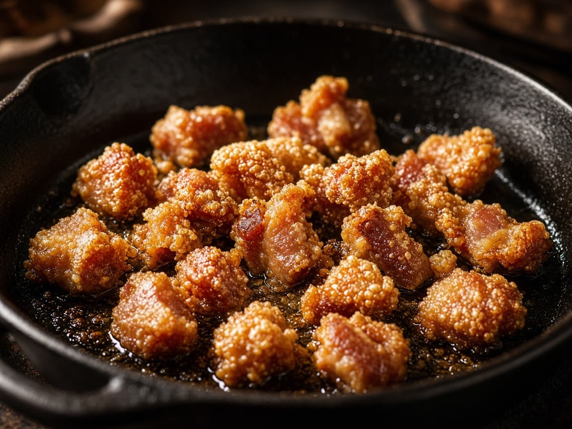Grove flæskesværscroutoner i baconfedt på en mørk pande