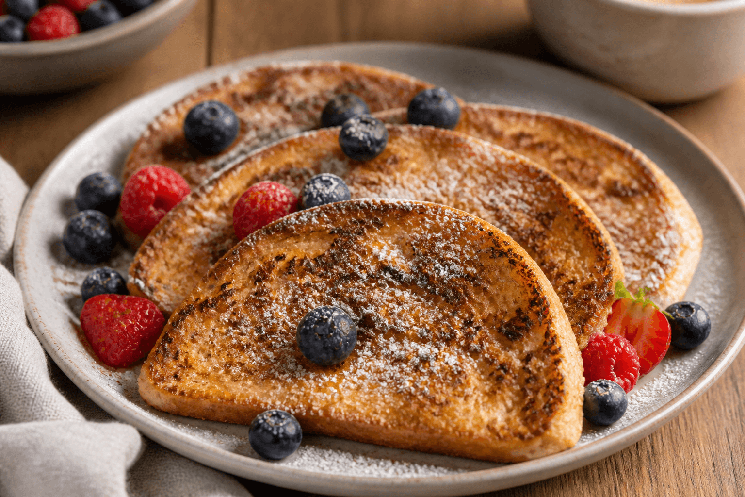Franske toast / fattigmandsbøffer pandestegt med kanel og bær