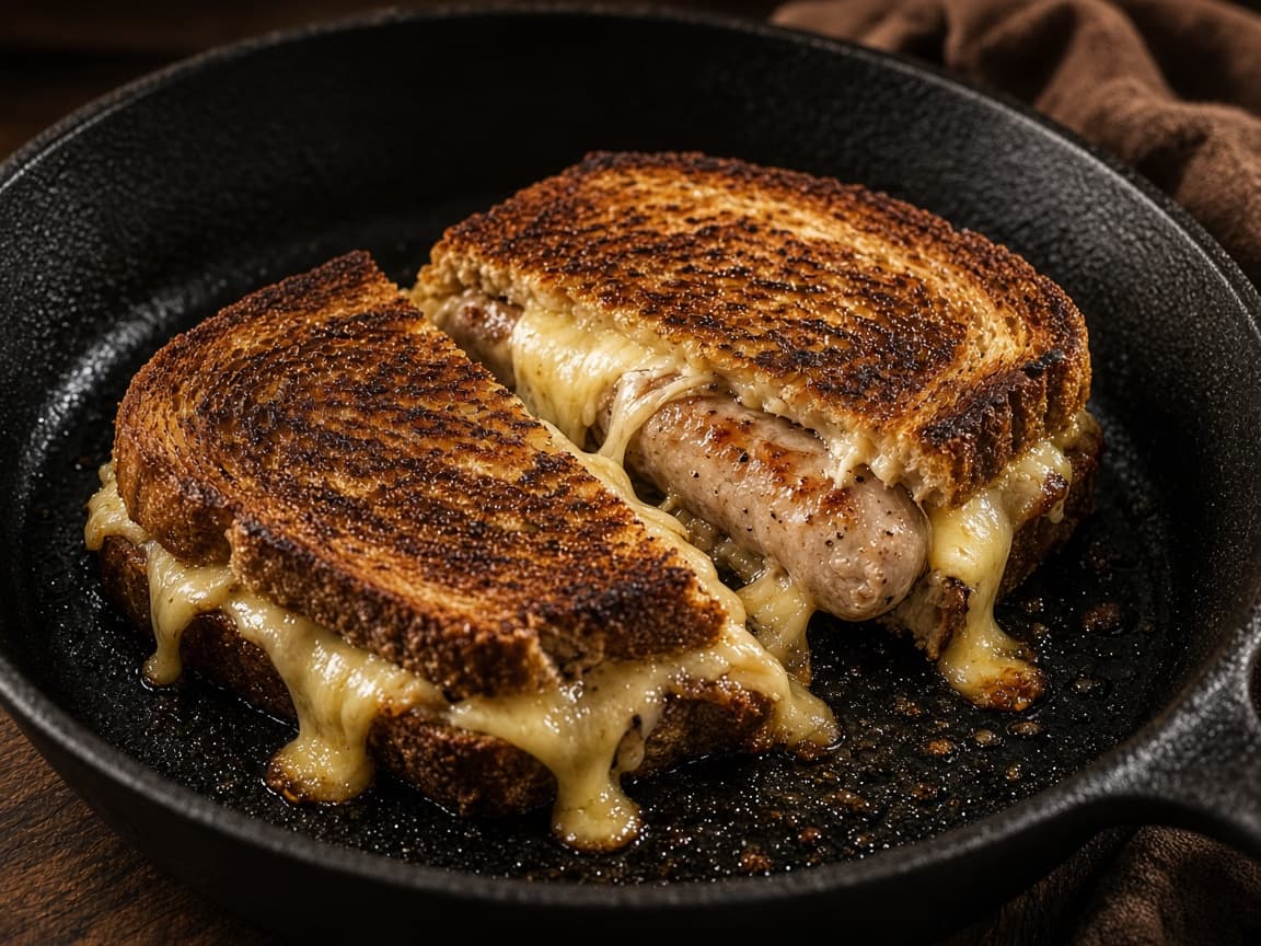 En gylden rullepølse-toast på en pande