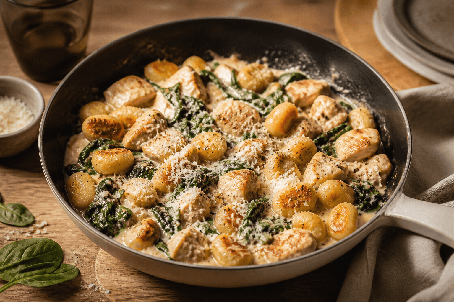 Gnocchi med kylling og spinat i cremet sauce på pande