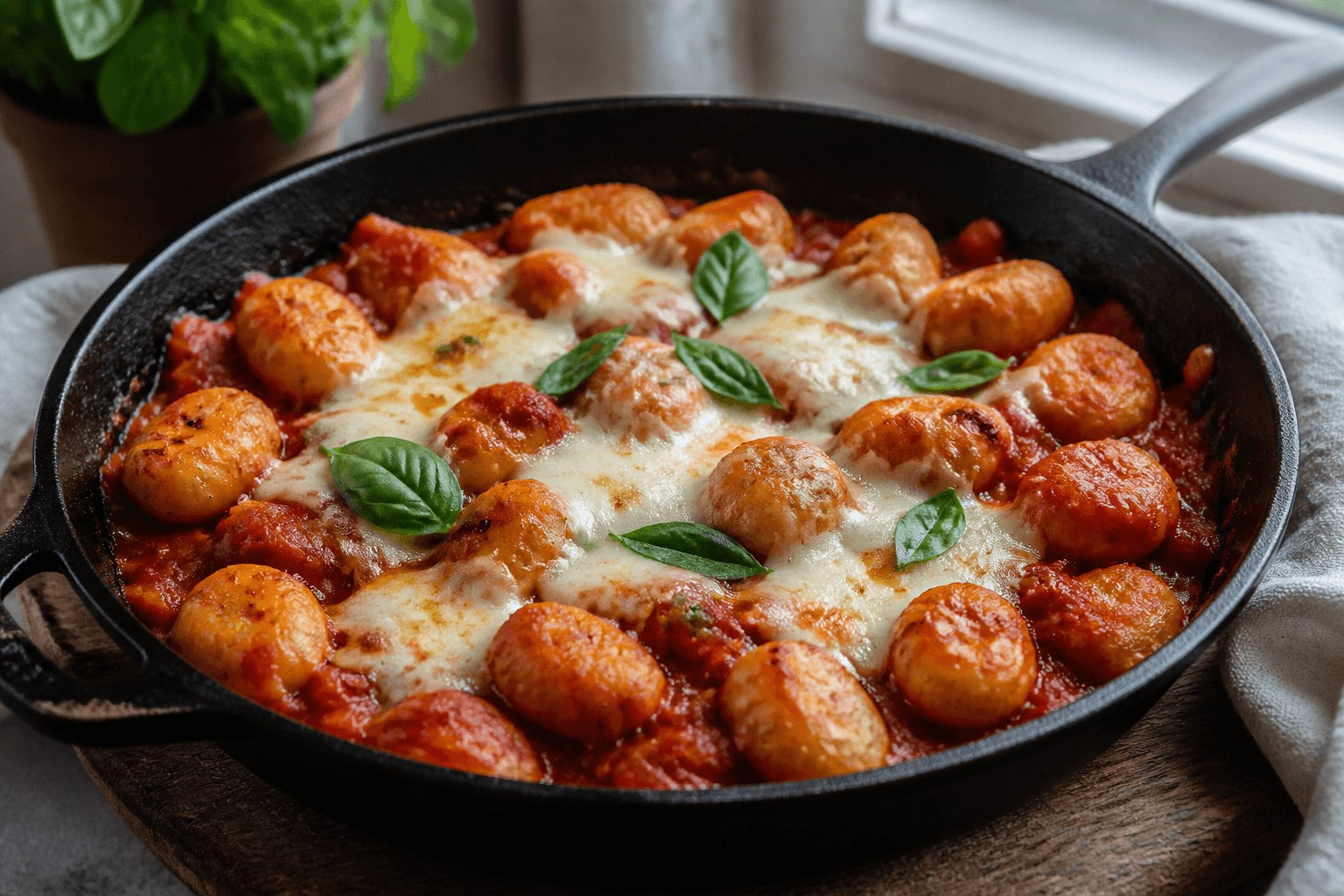 Gnocchi med tomatsauce og smeltet mozzarella på pande