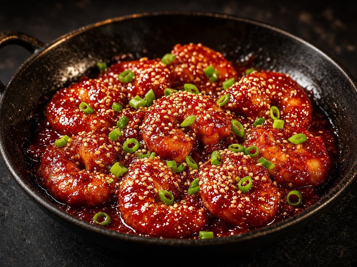 Sticky gochujang-rejer på pande med sesam