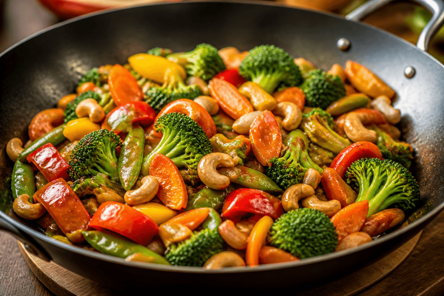 Grøntsags-wok med cashewnødder stegt på pande