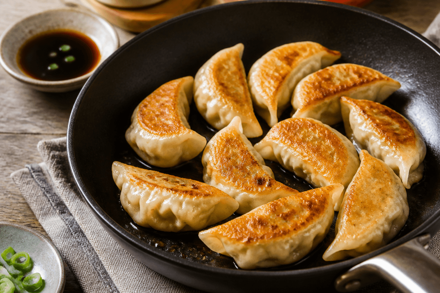 Frosne gyoza pandestegt med sprød gylden bund