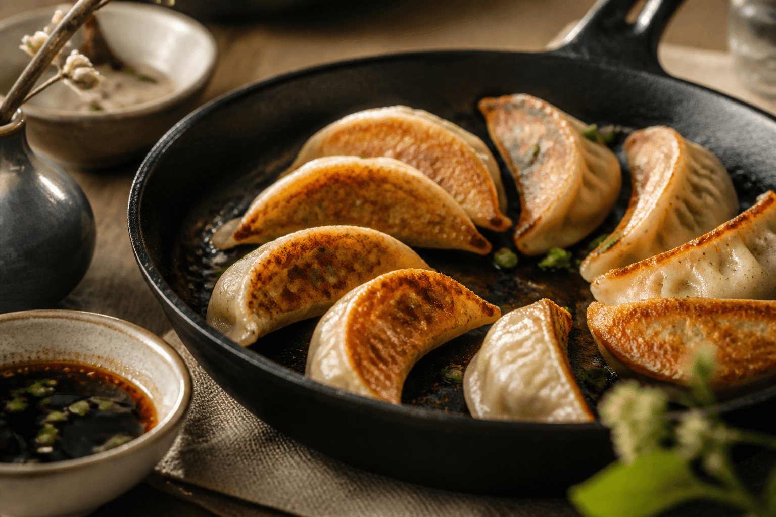 Stegte gyoza-dumplings med sprød bund på pande