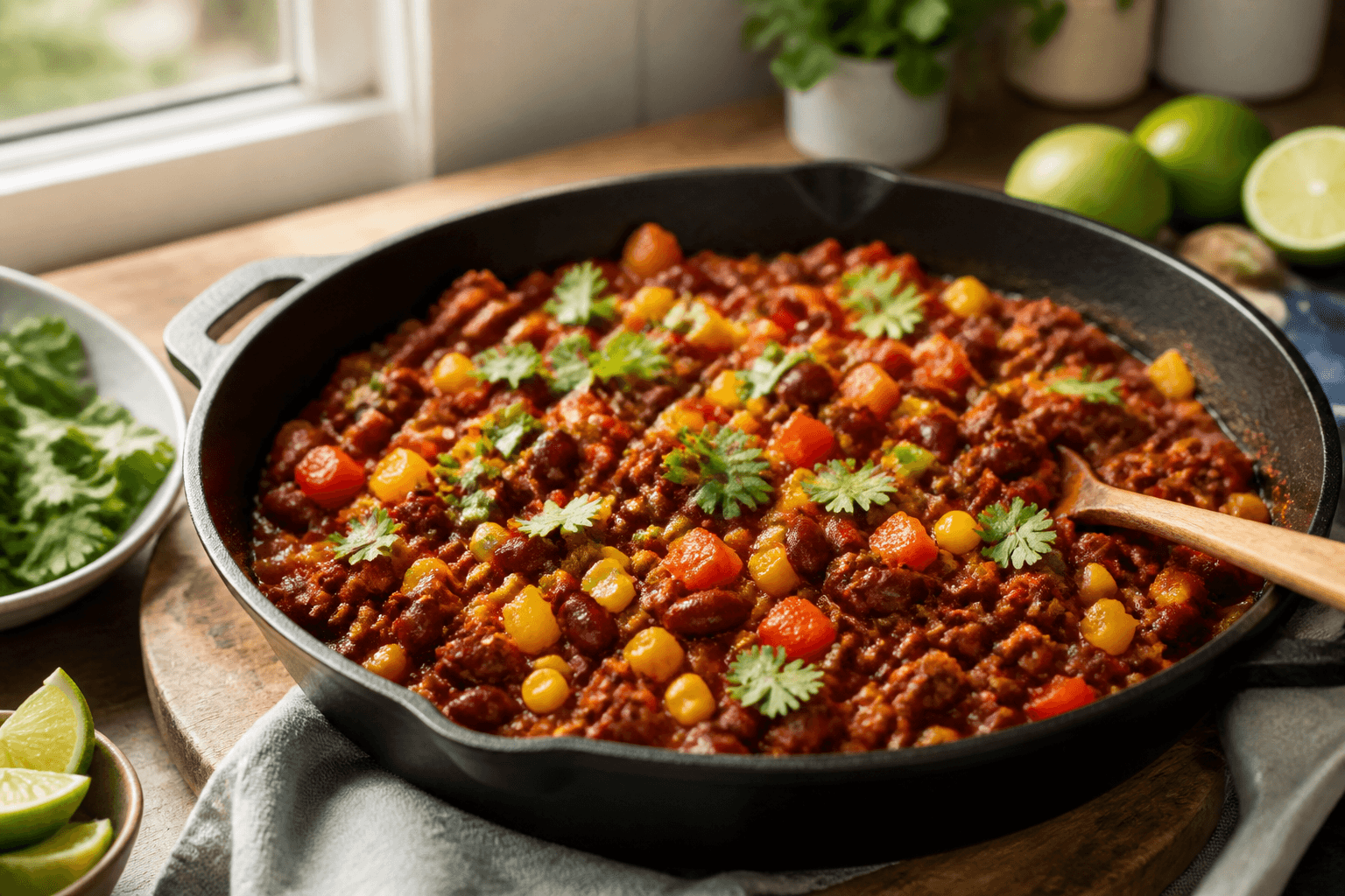 Mexicansk panderet med hakket oksekød, bønner og majs